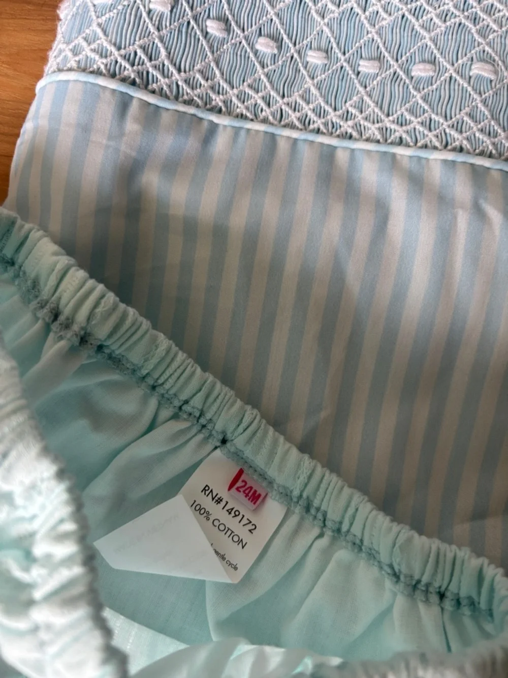 Smocked Light Blue Striped Baby Matching Set with Mint Diaper Cover - Picture 3 of 4